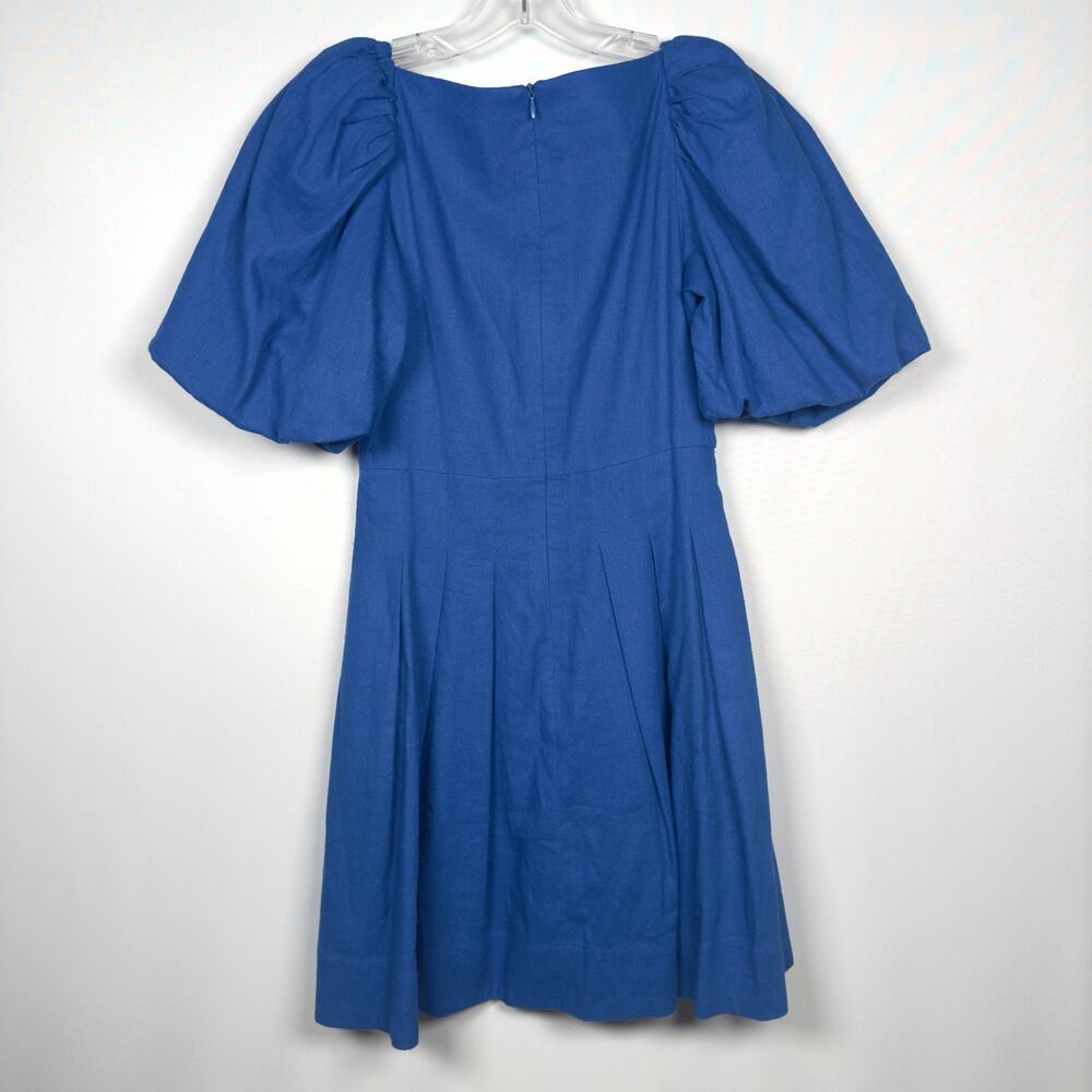 House of Harlow 1960 Blue Linen Twist Front Pleated Puff Sleeve Dress Women Sz 0 - Picture 3 of 5